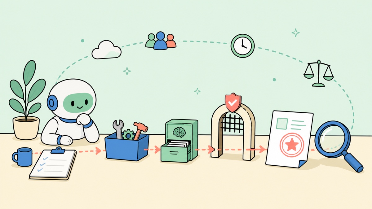 A bright illustration of an agent execution path passing through tools, memory, permissions, and verification before producing an artifact