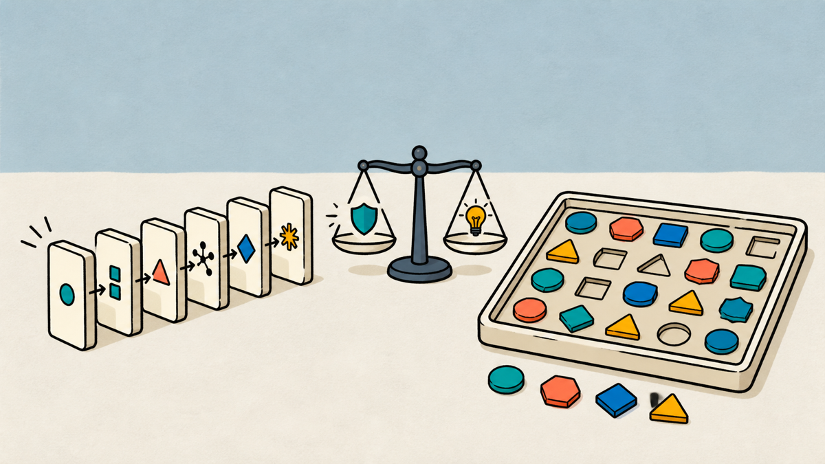 A tabletop experiment contrasts a reliable sequential workflow with a wider exploratory search