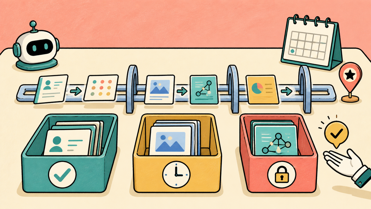 A bright sorting table separates verified, temporary, and approval-gated memory with simple symbols