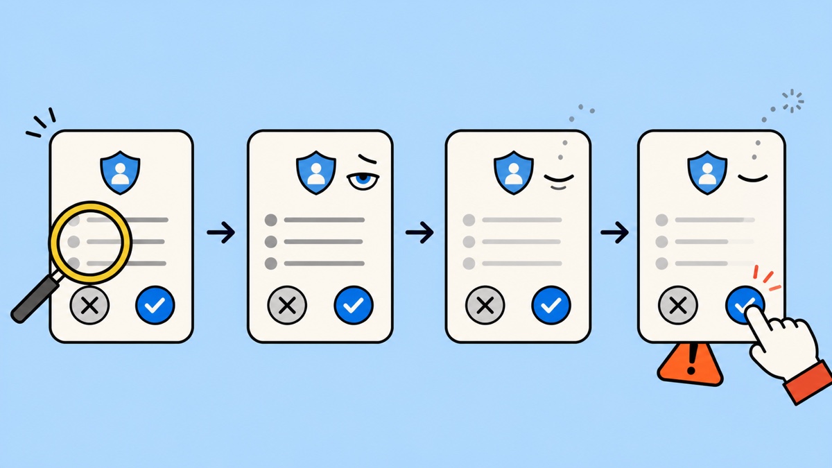 Repeated approval cards show attention fading before a warning is accepted