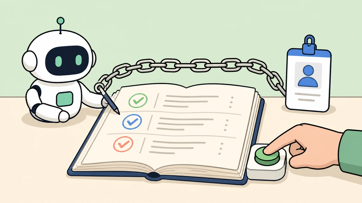 An AI agent, an identity badge, an audit ledger, and a human approval button connected by a visible chain