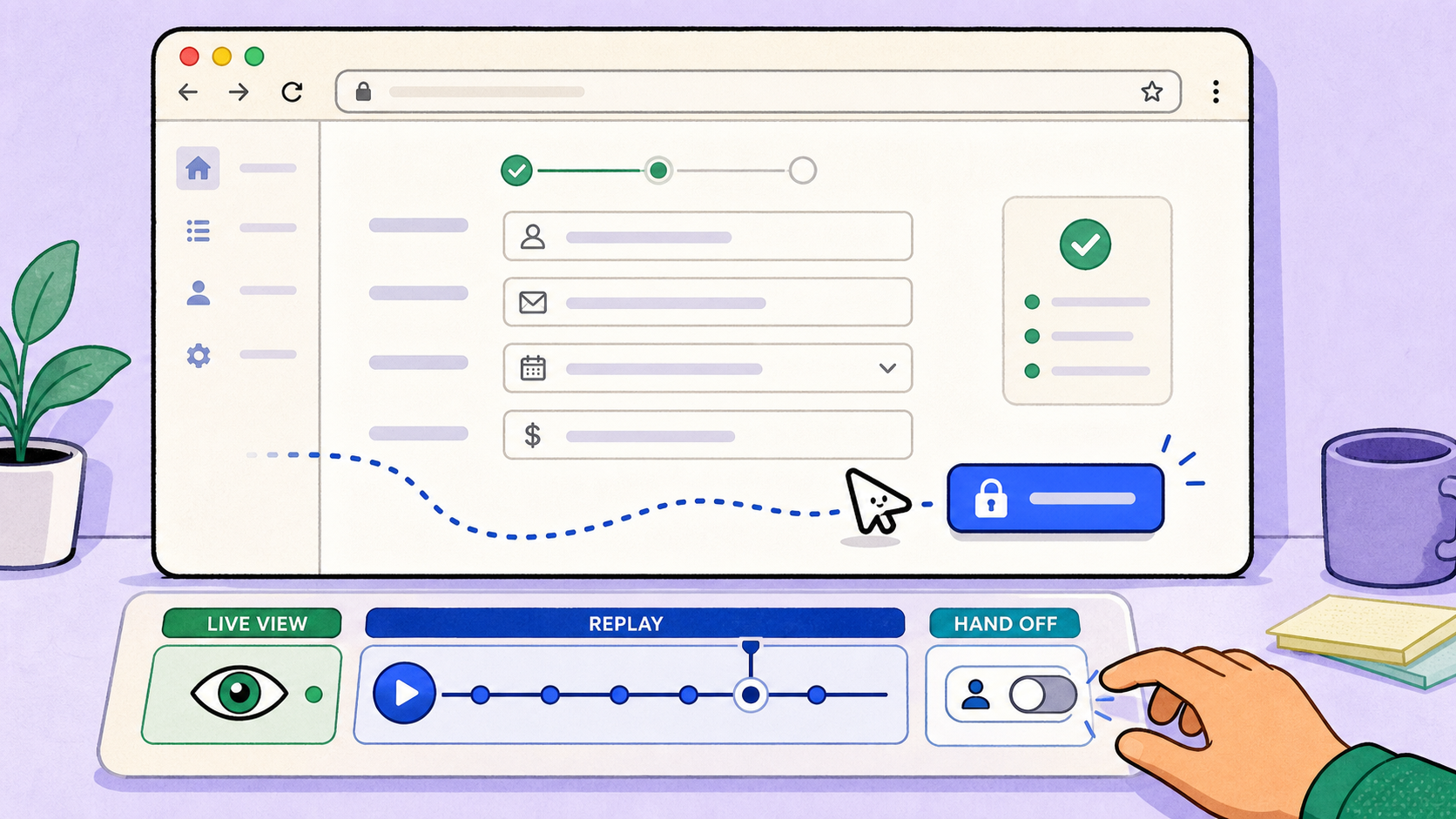 An illustration of live observation, session replay, and human handoff in an agent browser
