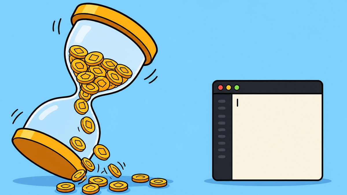 An hourglass spilling token coins beside an empty code window