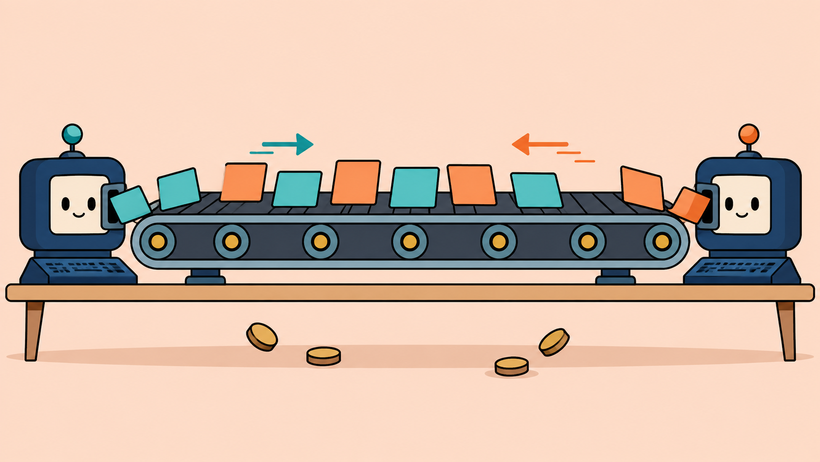 Task cards travel between two computers on a long conveyor, with a few tokens falling below