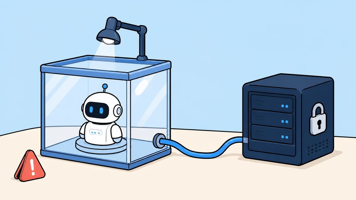 A small AI agent runs inside an isolated glass sandbox while a monitored cable connects it to a locked server