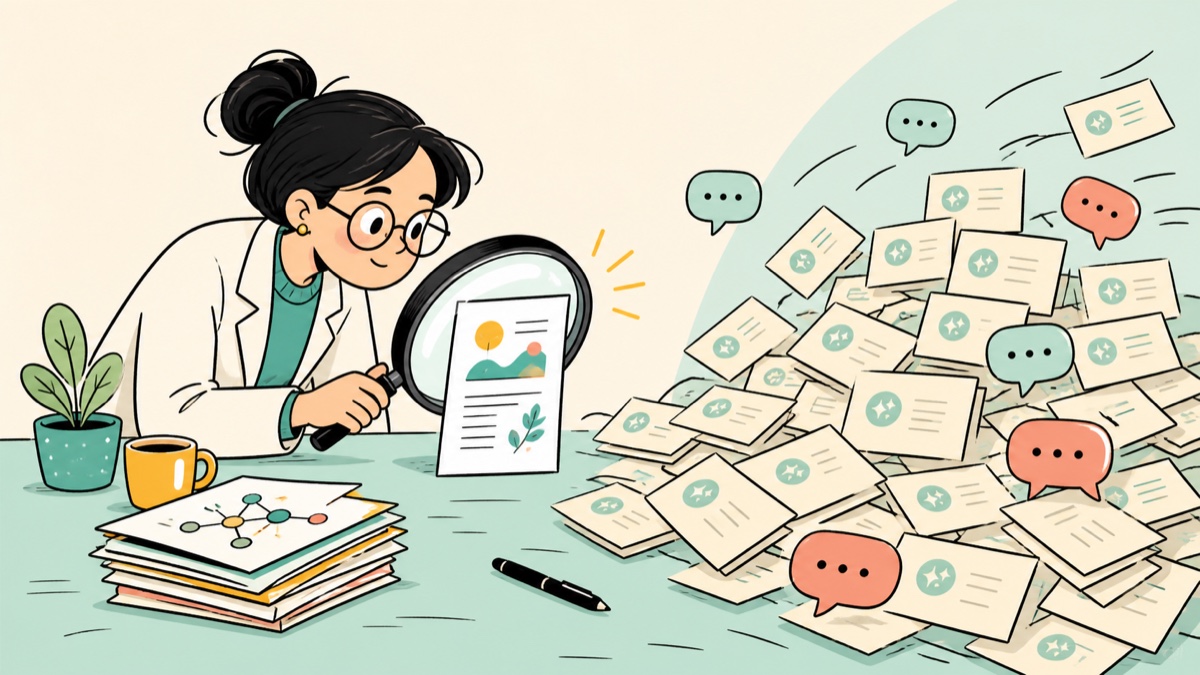 A bright illustration of a researcher finding one trustworthy paper among a growing pile of similar generated content
