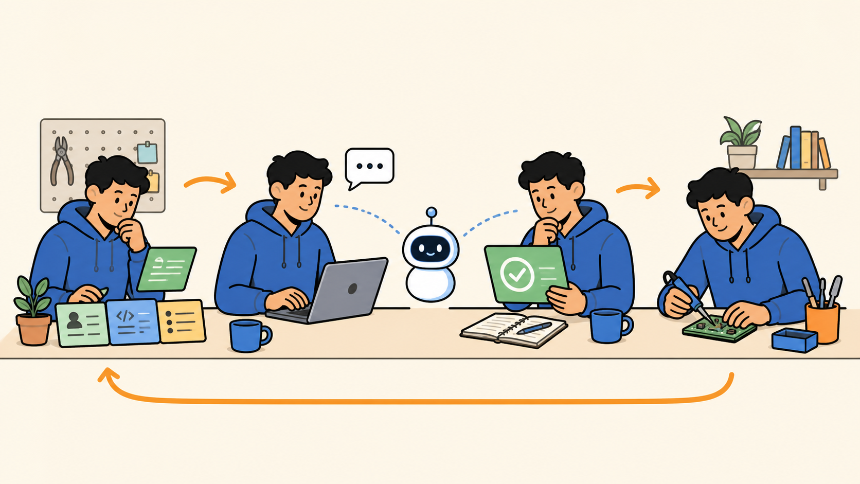 A human developer moves from context to an AI suggestion, reviews the result, and continues the work in one connected loop