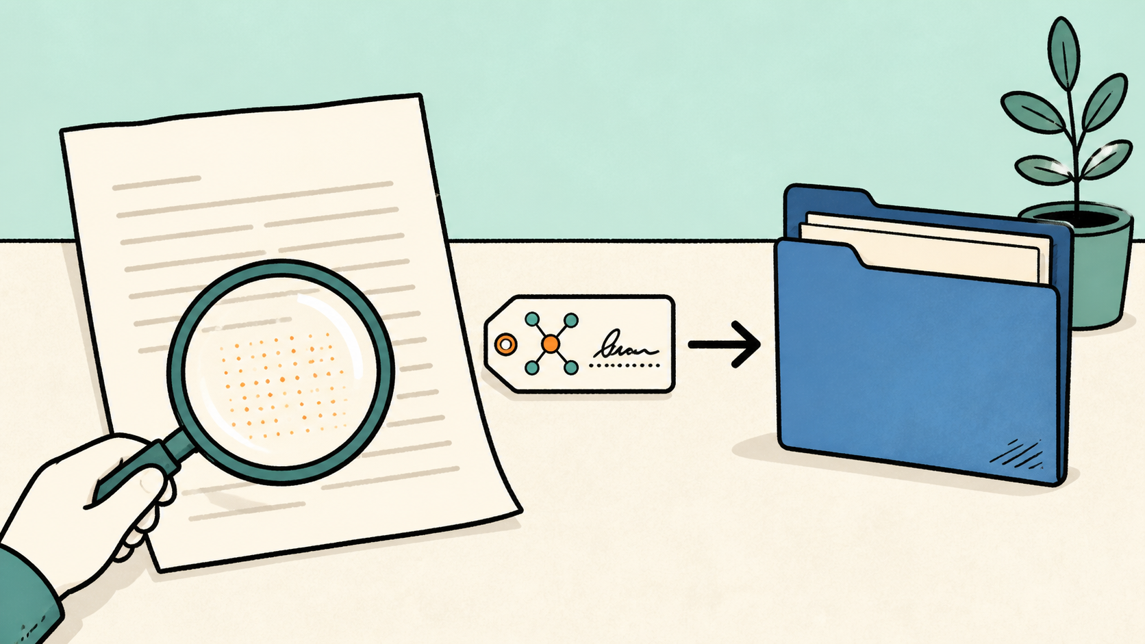 A generated document being inspected for a detectable mark while provenance metadata moves toward a file folder