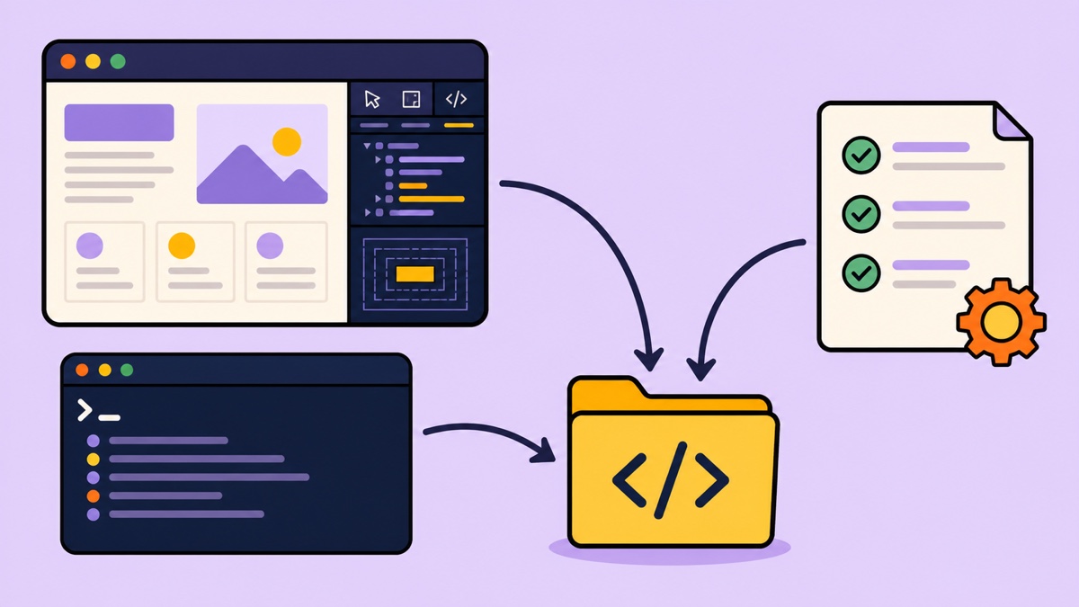 A clean illustration of browser inspection, terminal work, and project instructions flowing into one code folder