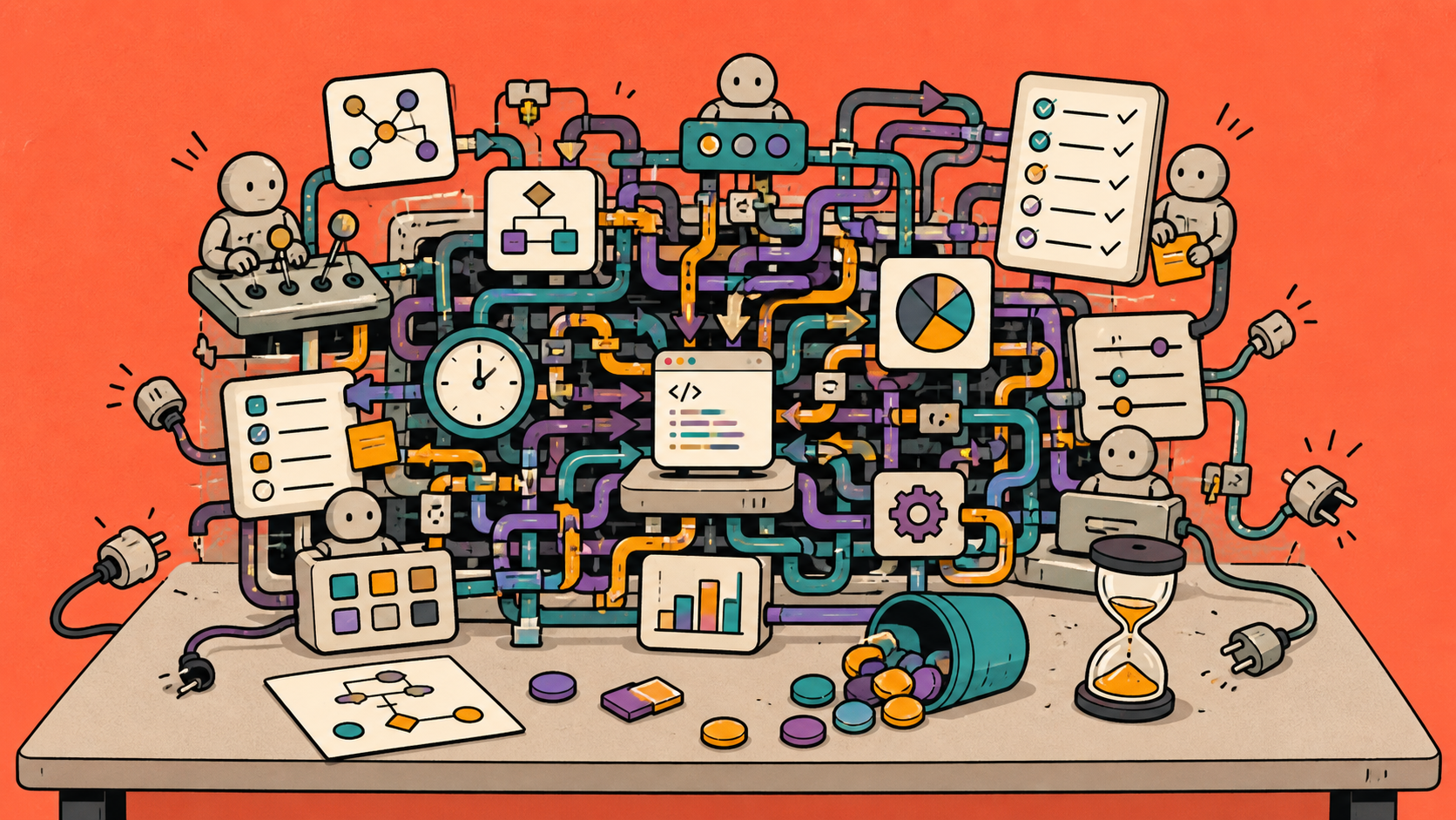 A busy set of workflow tubes, checklists, timers, and agent nodes surrounding a small code task