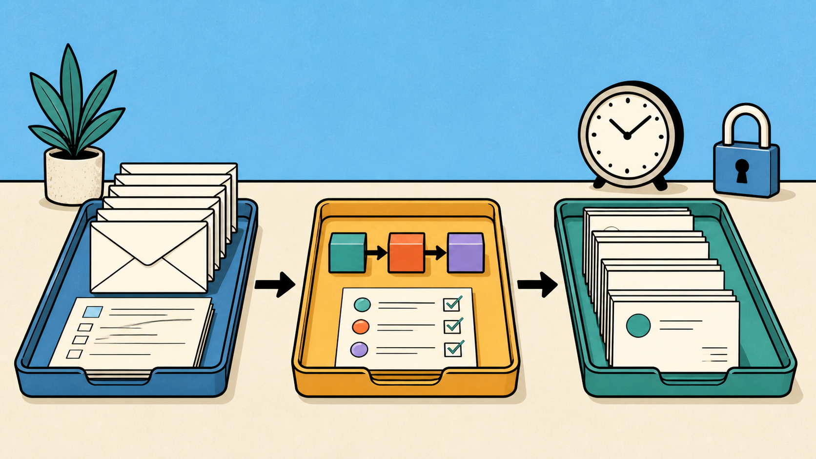 An orderly workflow moving stable inputs through clear stages toward predictable outputs
