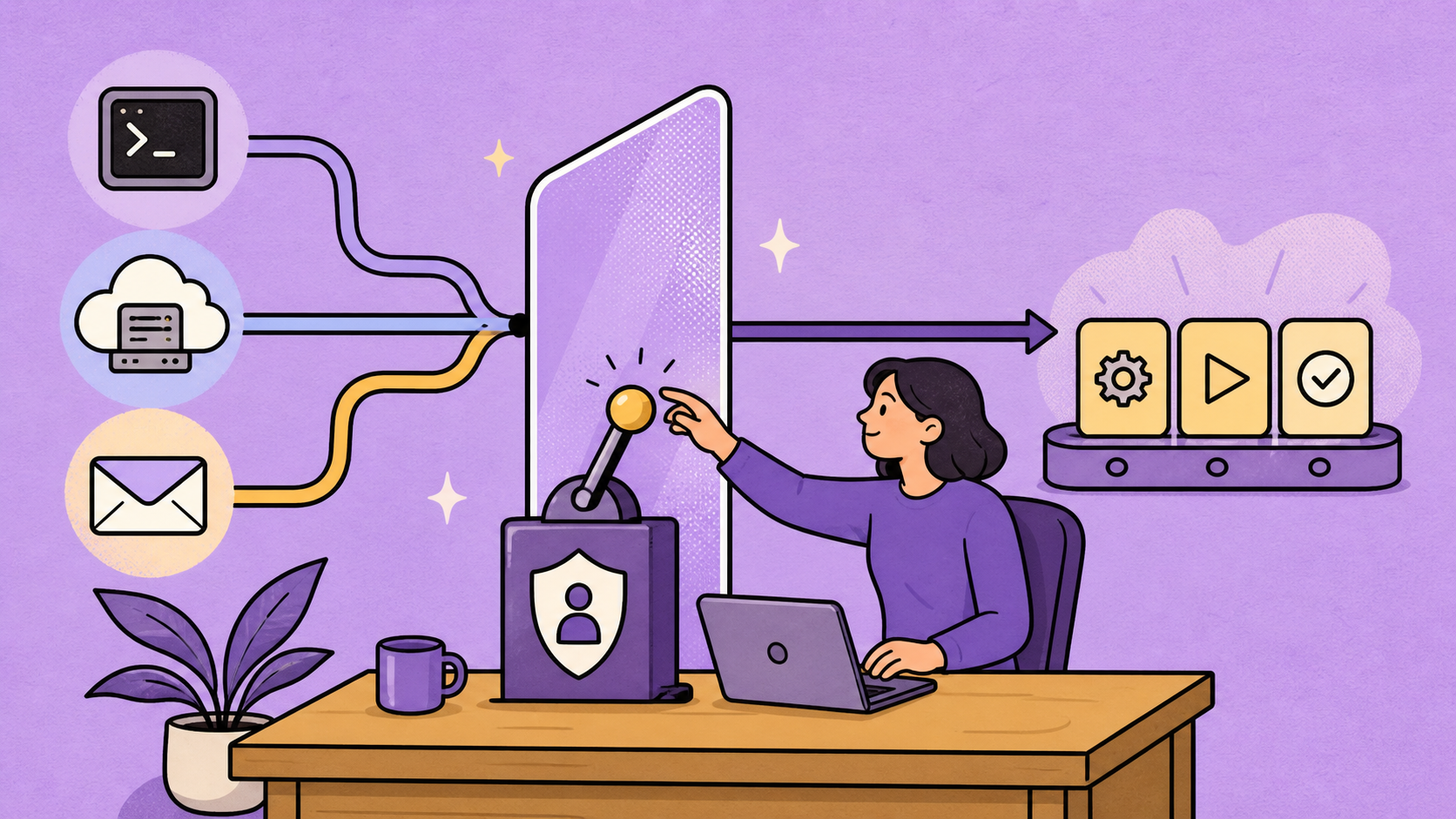 A terminal, cloud computer, and outreach workflow converge at a human approval boundary