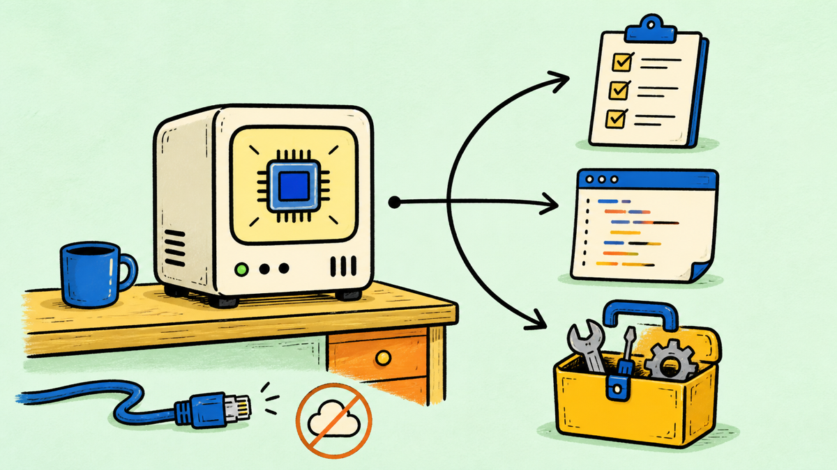 A compact desktop computer and graphics card sending local work to a document, code page, and tool tray