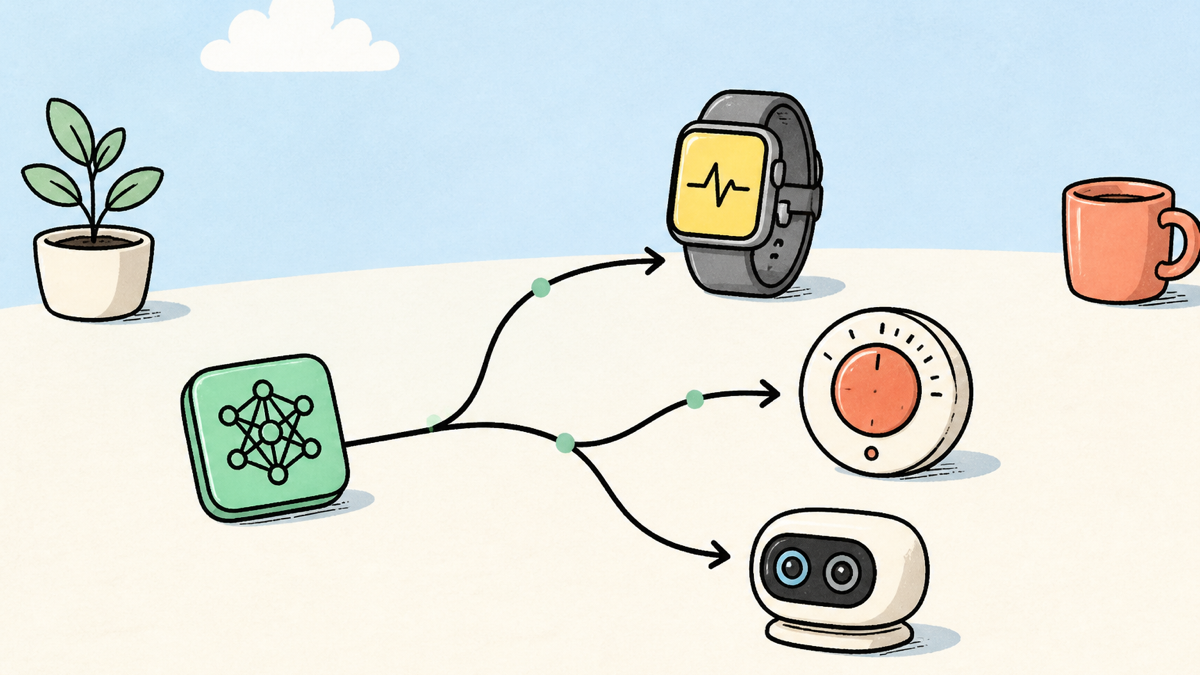 A small specialized model branching toward a watch, thermostat, and robot sensor