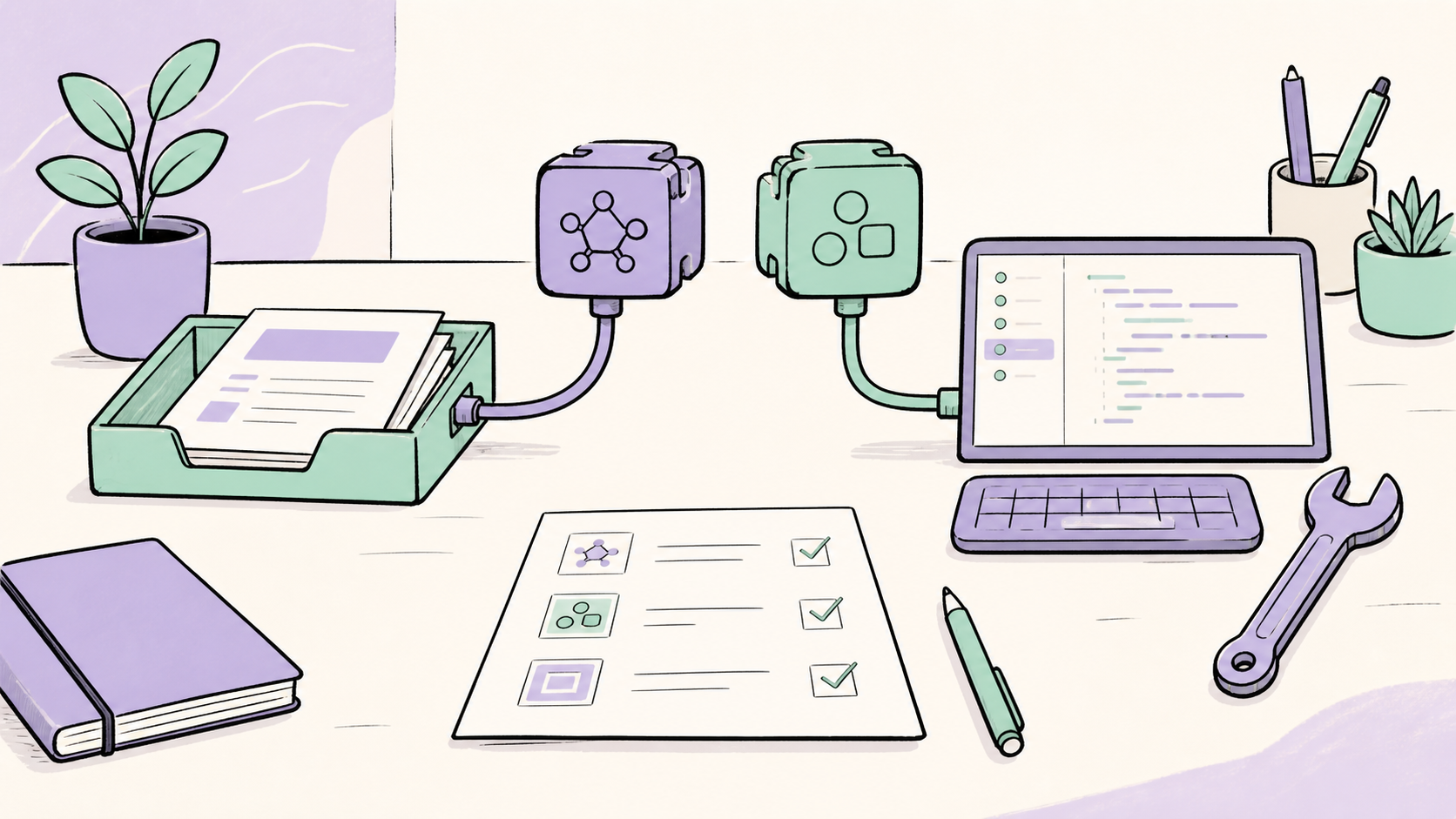 An editorial illustration of different open-weight models connected to local tools for different tasks