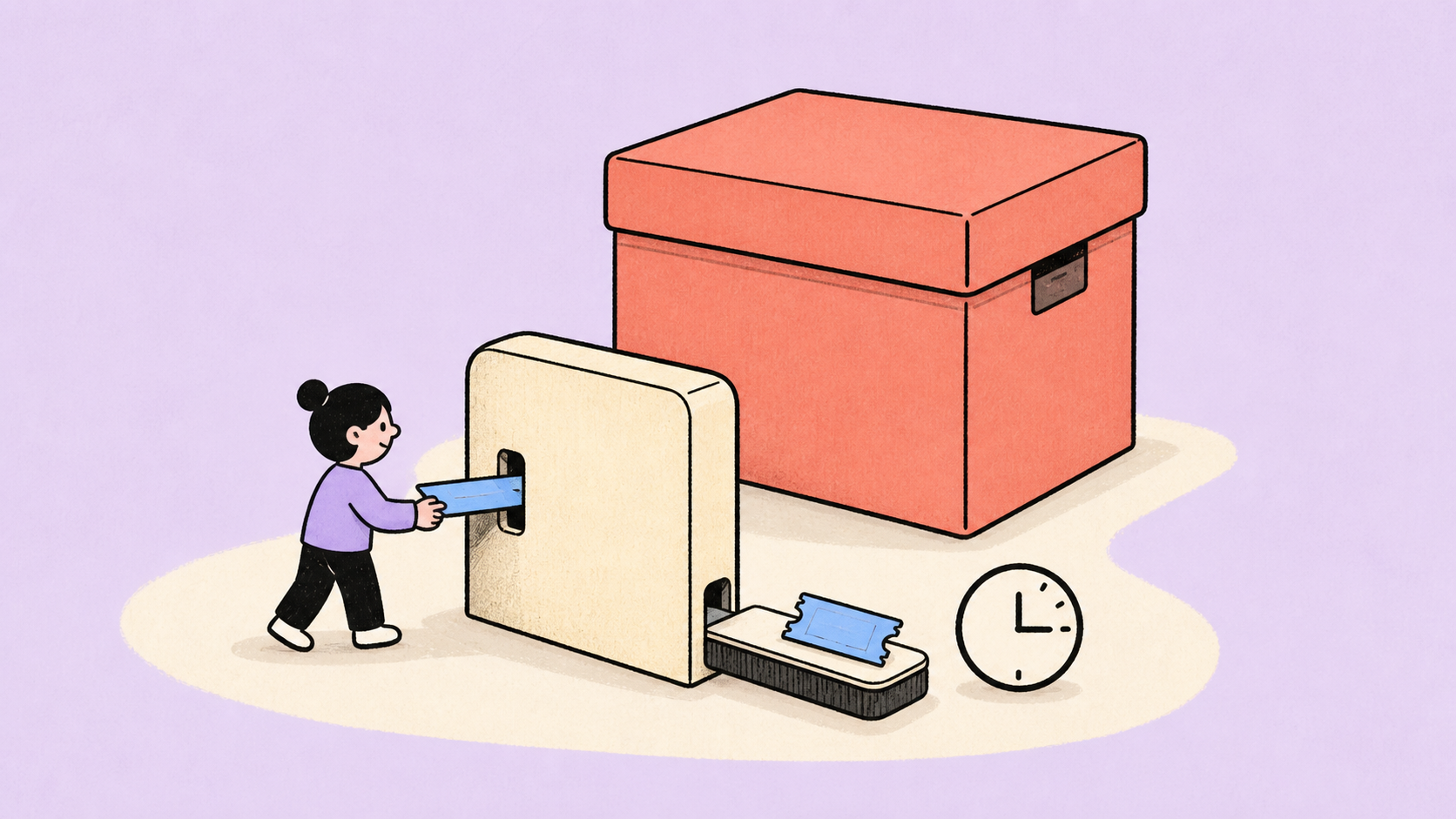 A person submits one request card to a small checkpoint while the larger archive box remains closed and a time-limited ticket comes out