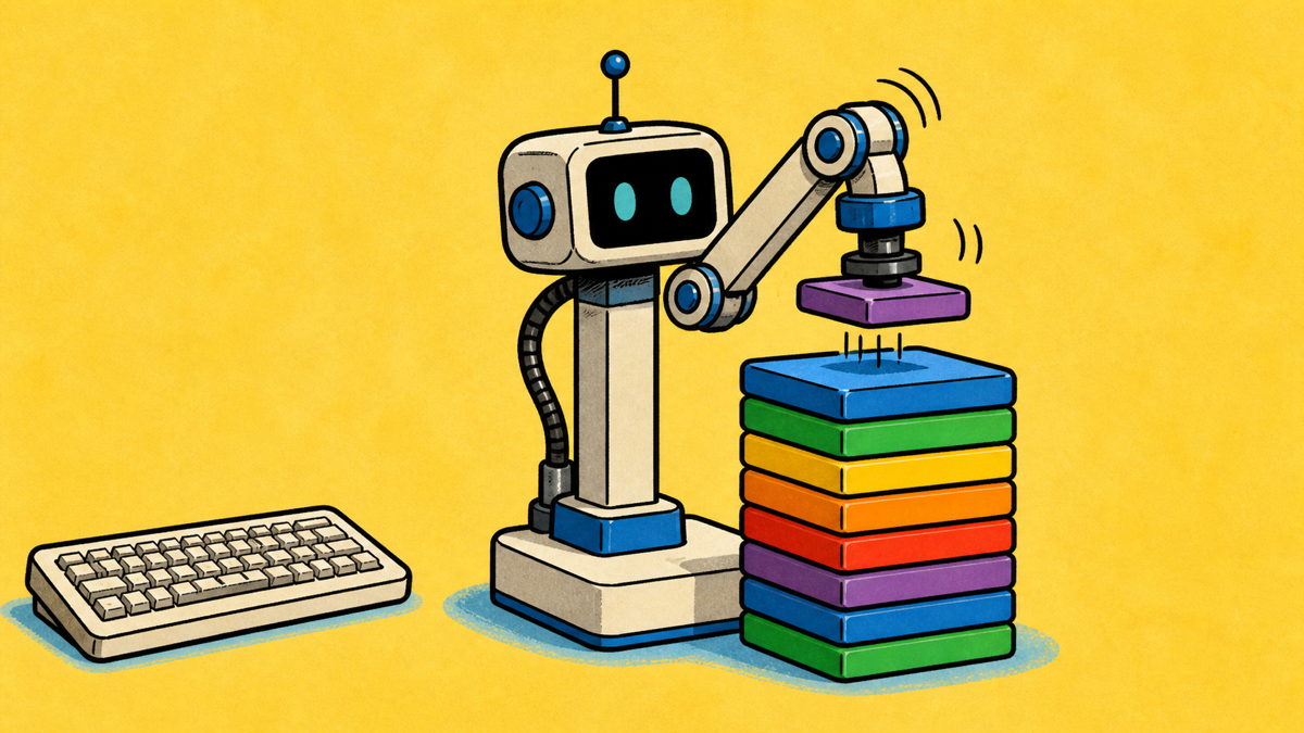A compact AI workbench stacks colored work blocks while an unused keyboard sits aside.