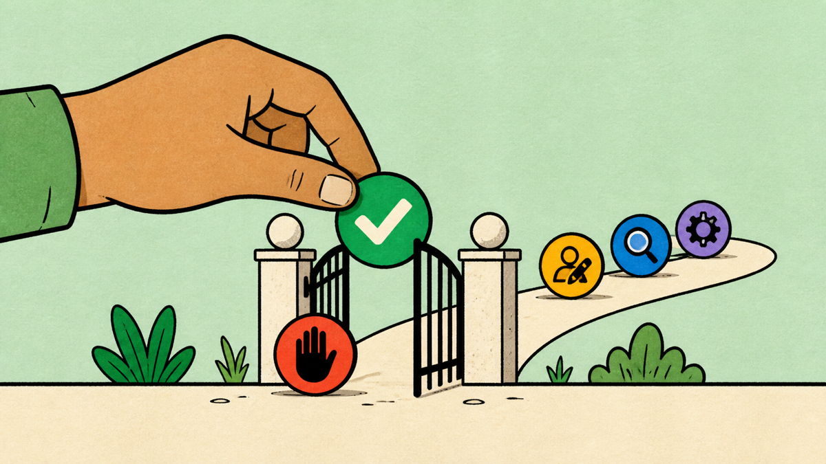 A hand approves one token at a small gate while other work tokens wait on the path.