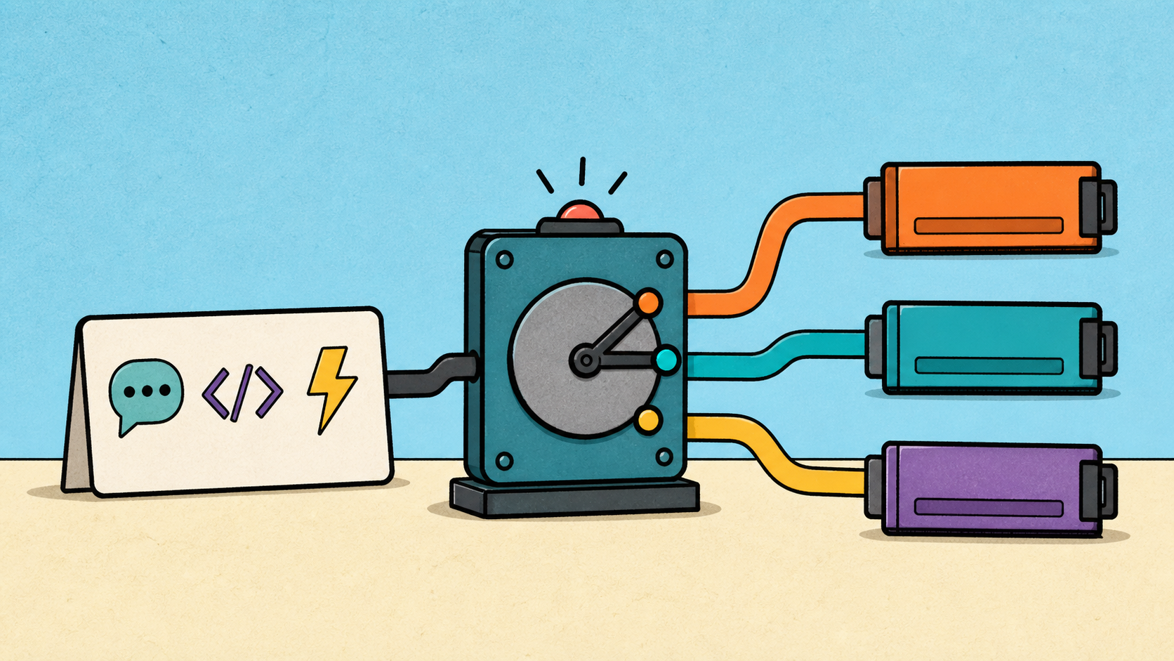 A conceptual illustration of an AI request being routed to different model cartridges by a central switch