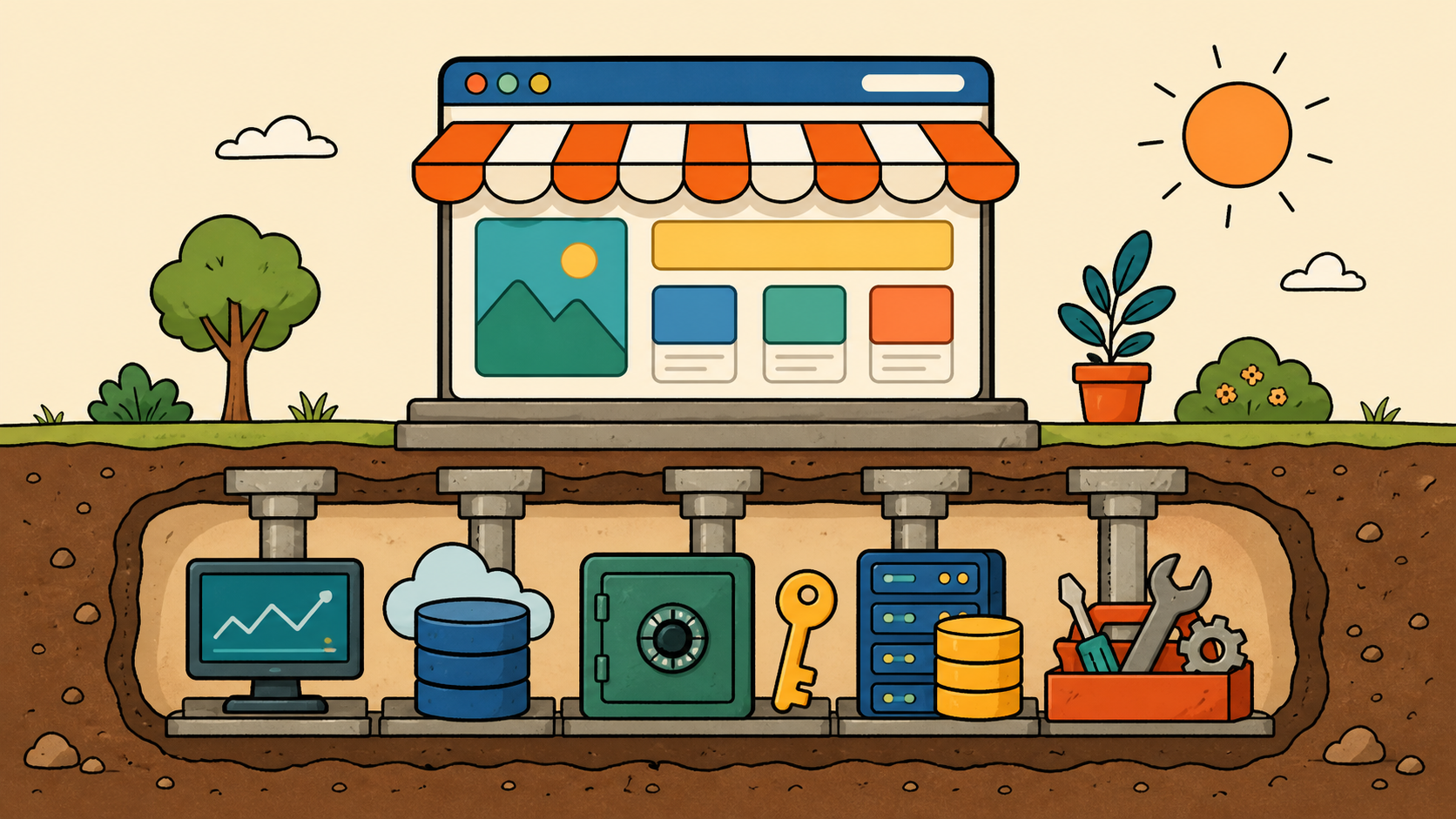An editorial illustration of monitoring, data, security, servers, and recovery tools supporting a working web service