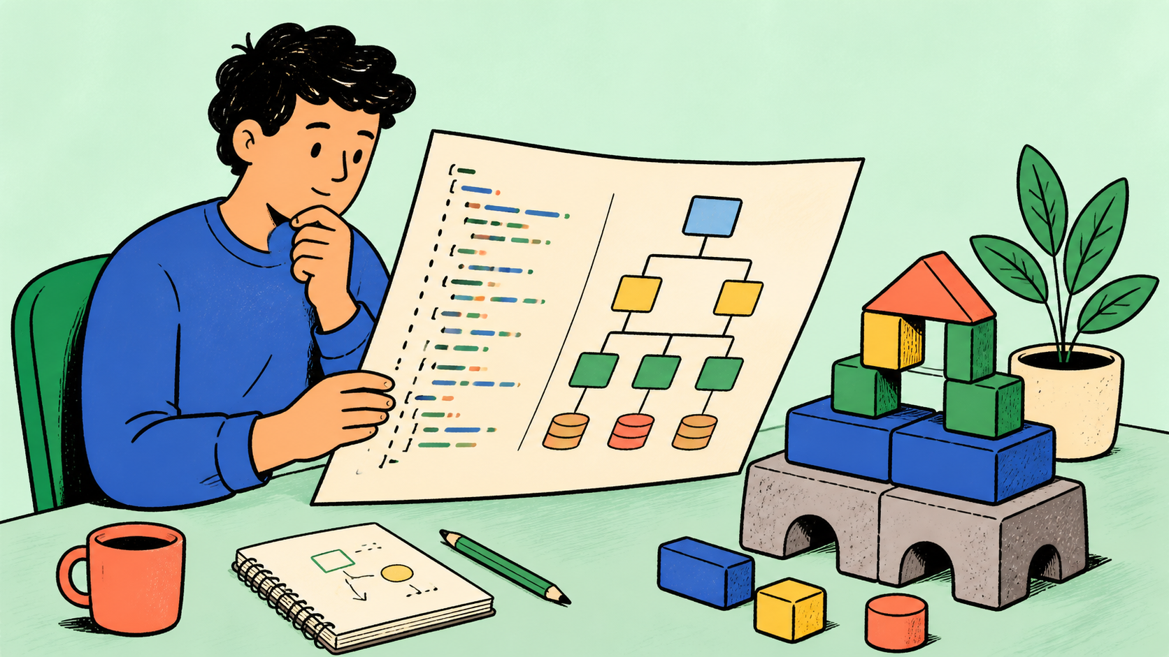 An editorial illustration of a developer reading a code and architecture blueprint while reviewing a stable structure